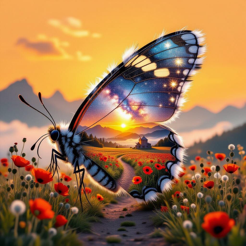 Holographic Sunset Landscape Within Moth Wings