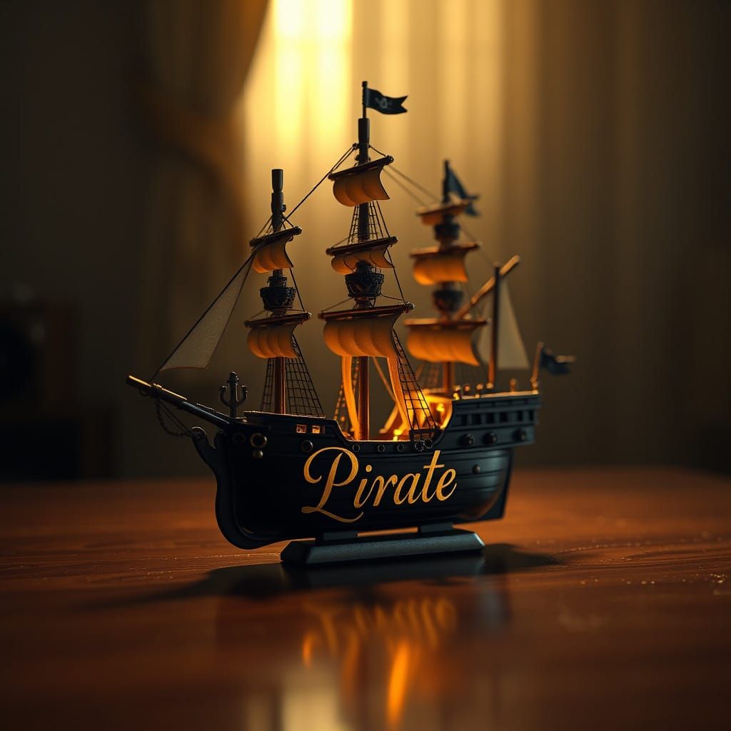 Precise Miniature Pirate Ship in Warm, Golden Light