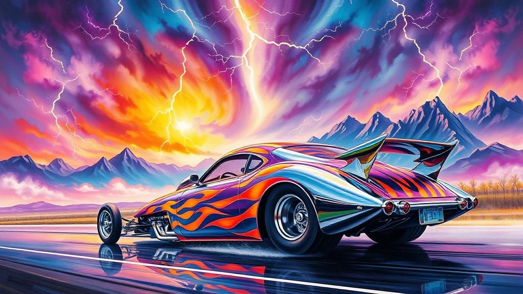 Chrome Hot Rod in Symmetrical Storm, Watercolor and Oil