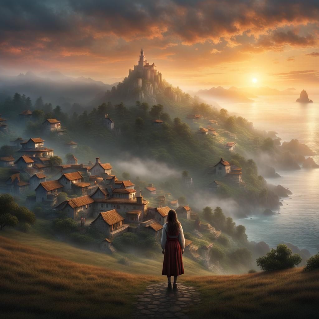 Misty Mountainside Village: Sunrise Digital Matte Painting