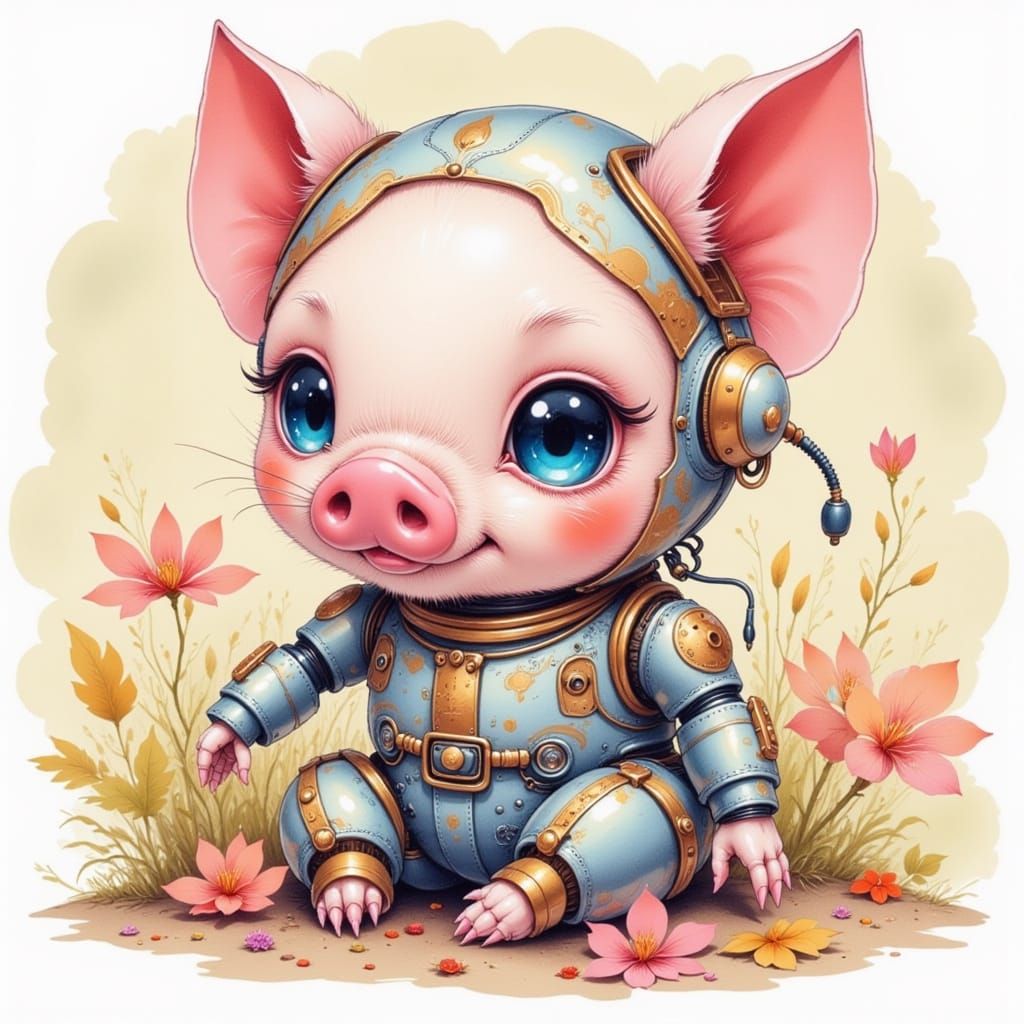 Pastel Piglet Robot in Metallic Suit, Digital Watercolor