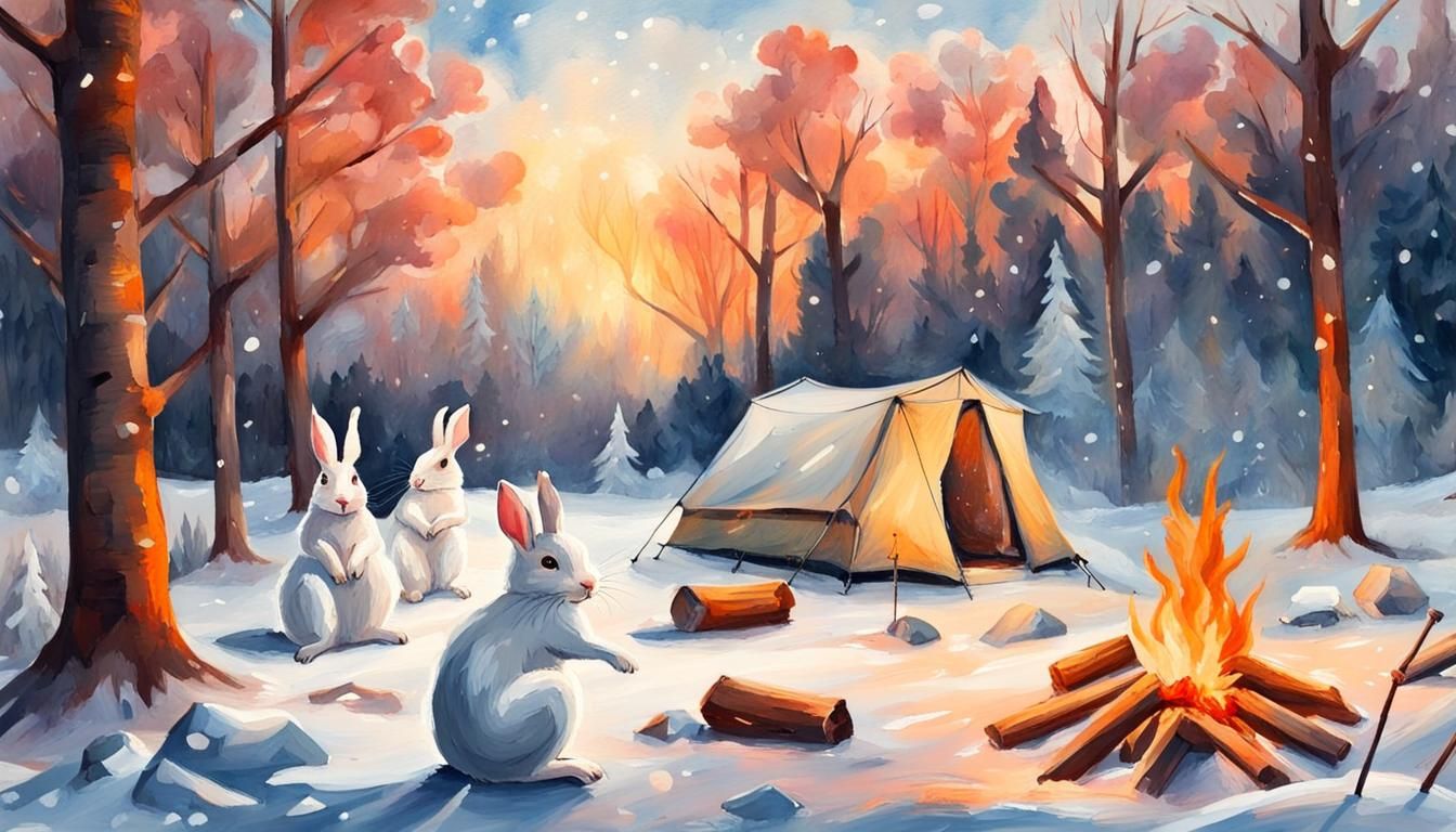 Winter Campfire Scene in Gouache Watercolor Style