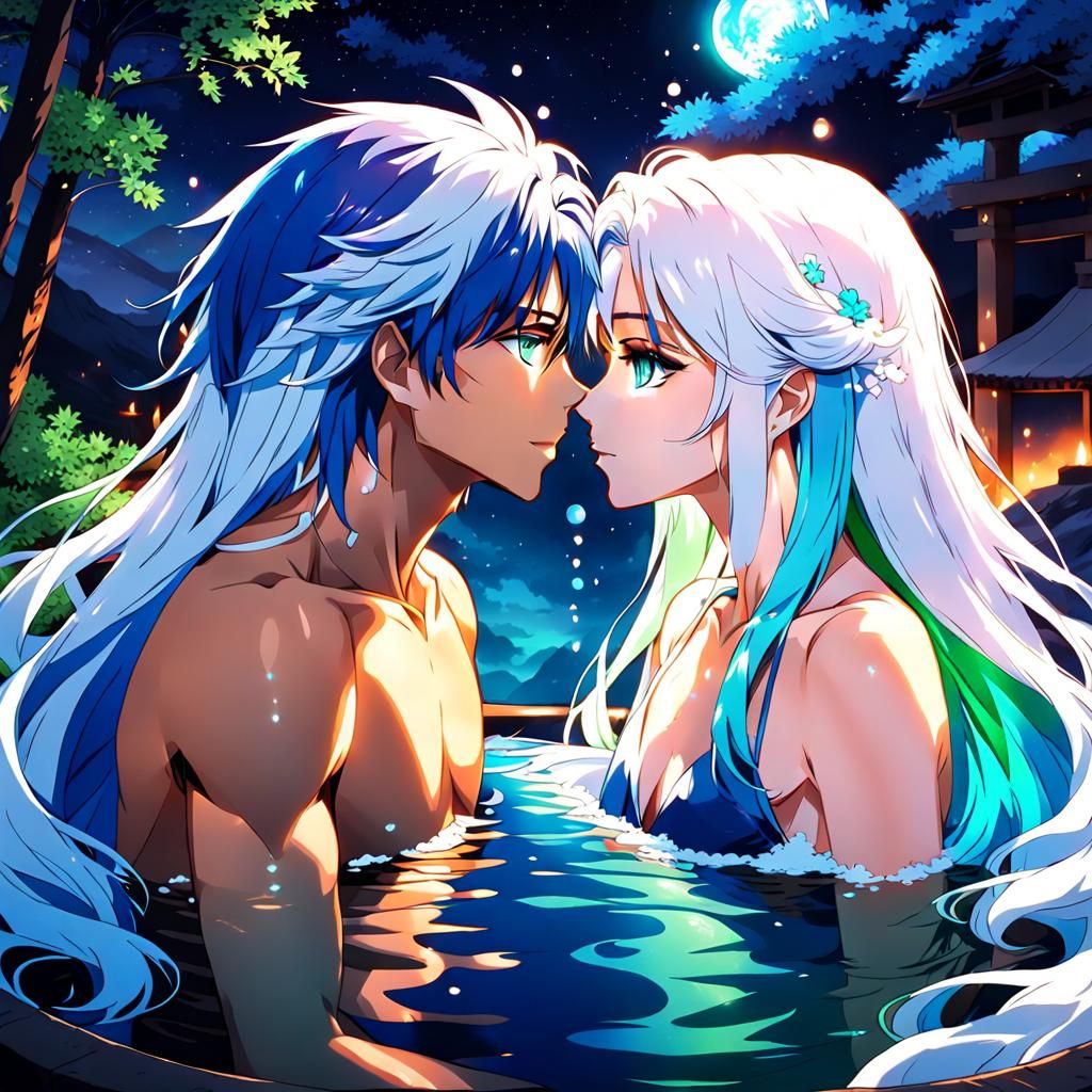 Anime Couple Kissing in a Hot Spring