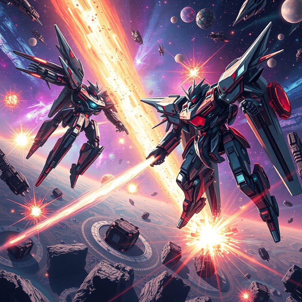 Hyper-Detailed Space Battle with Art Deco Mechas