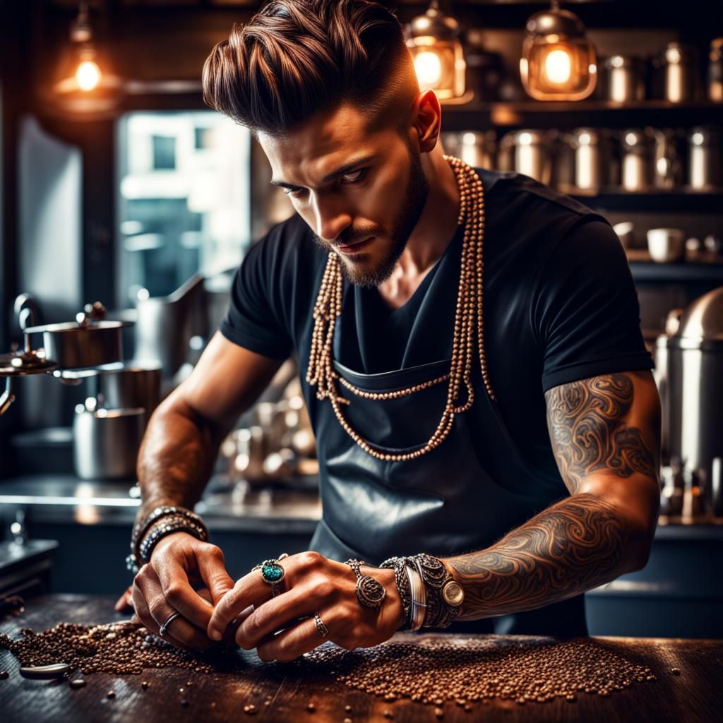 Magical Barista with Colorful Jewelry in Hyperrealistic Styl...