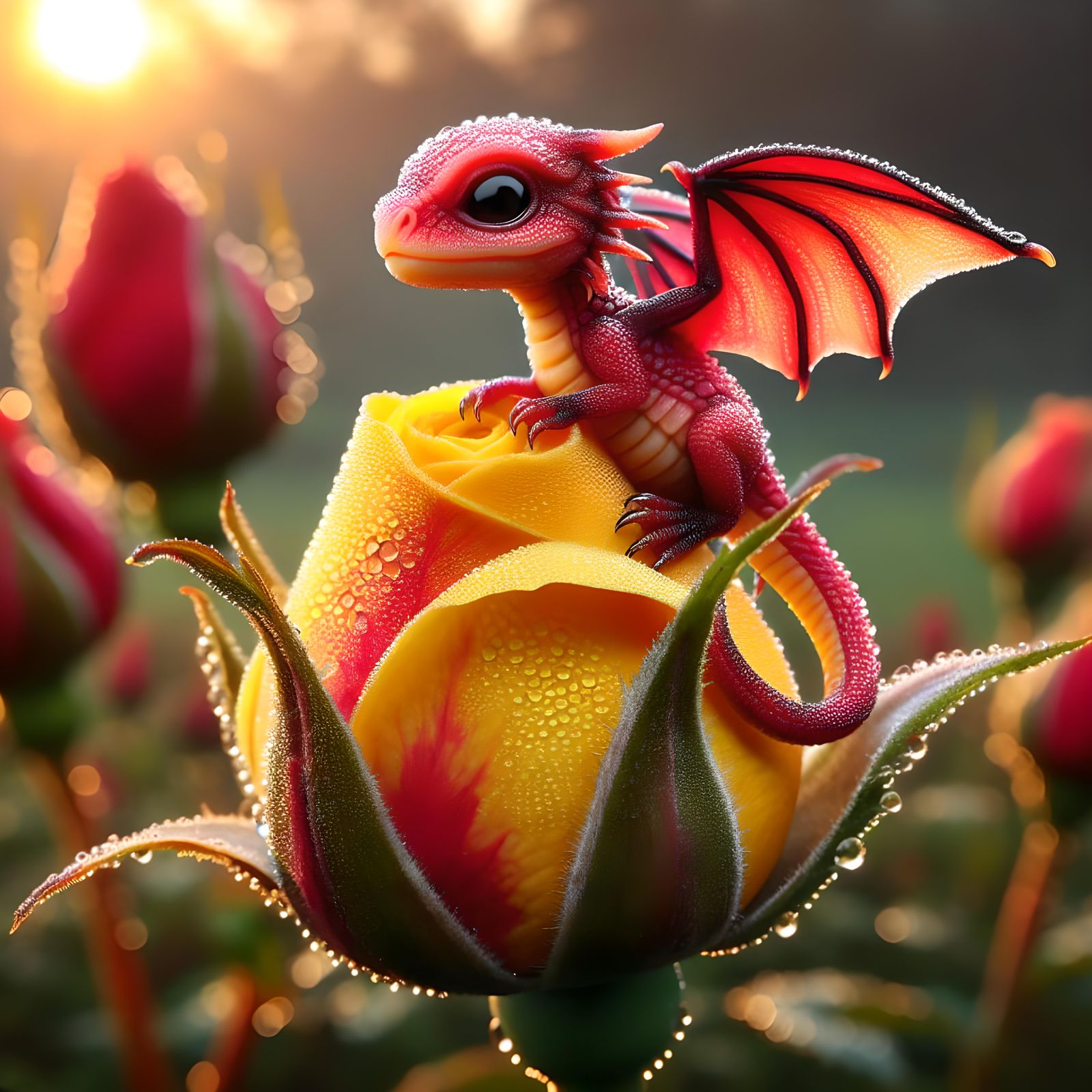 Microscopic Red Dragon on Sunlit Rosebud