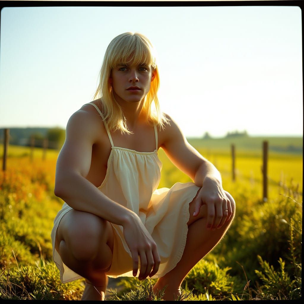 Surreal Masculine Figure Adorned in Babydoll Dress Amidst Lu...