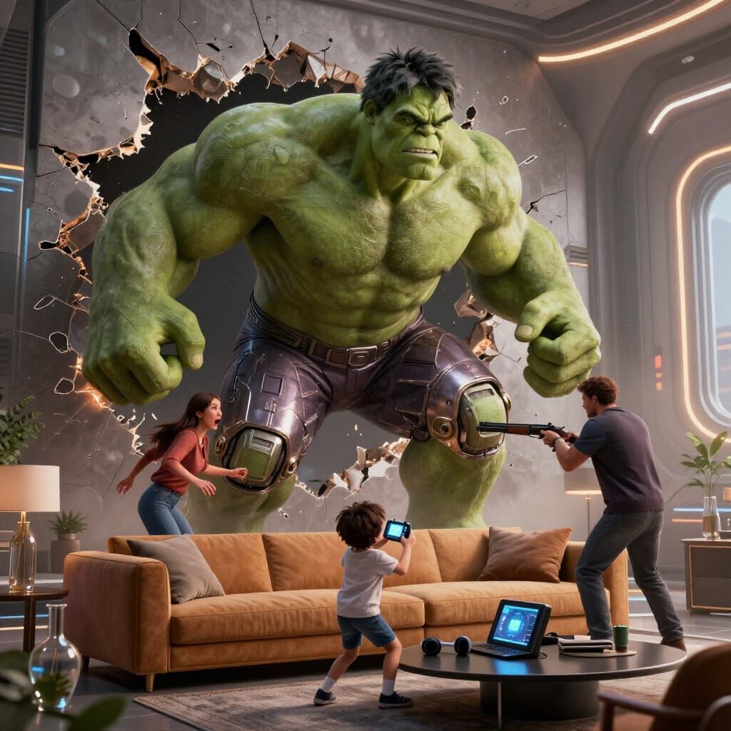 Hulk Smashes Into Futuristic Living Room, Family Reacts