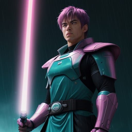 Anime-Inspired Jedi Knight in Stormy Weather