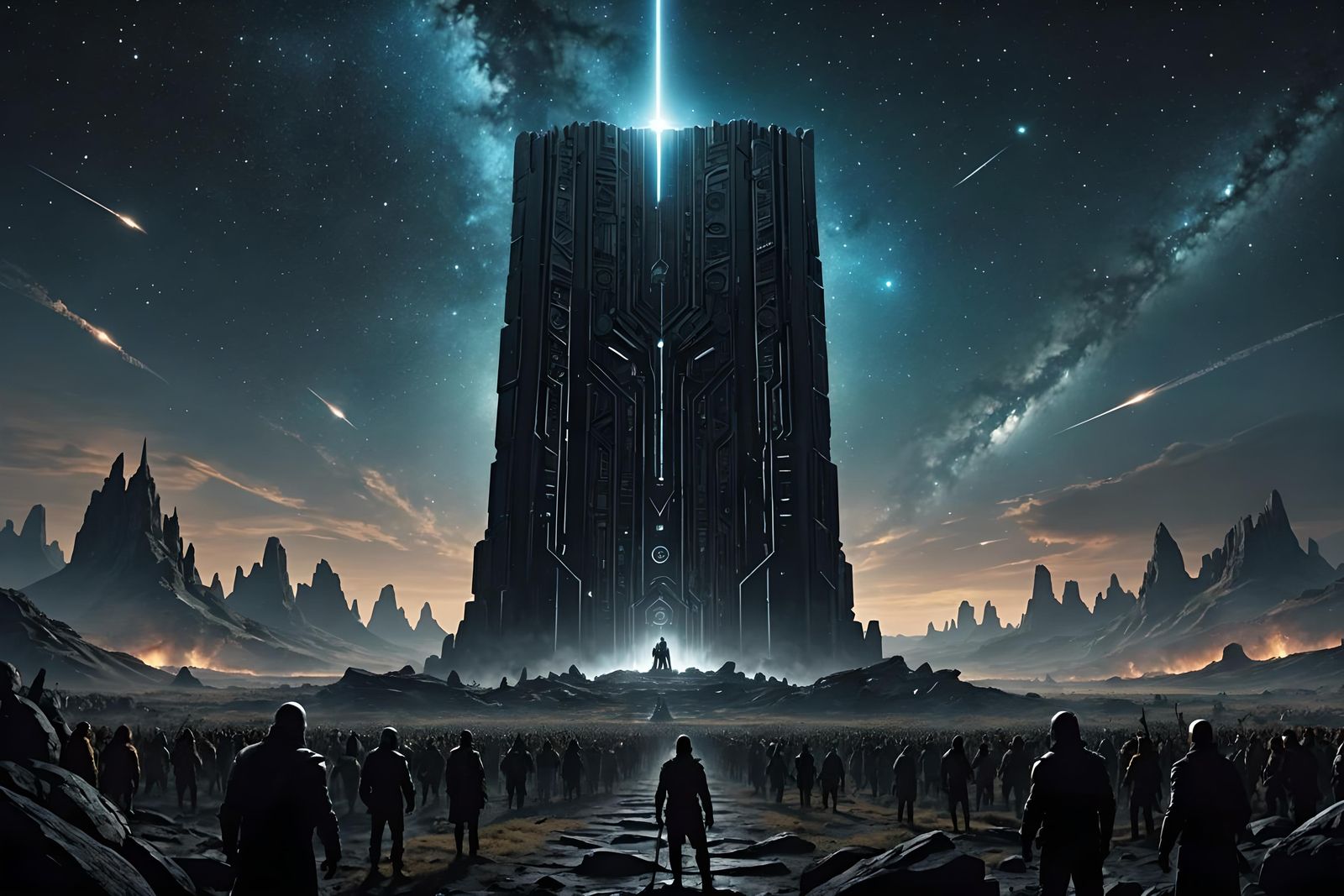 Spectacular Monolith Scene with Apemen and Milky Way