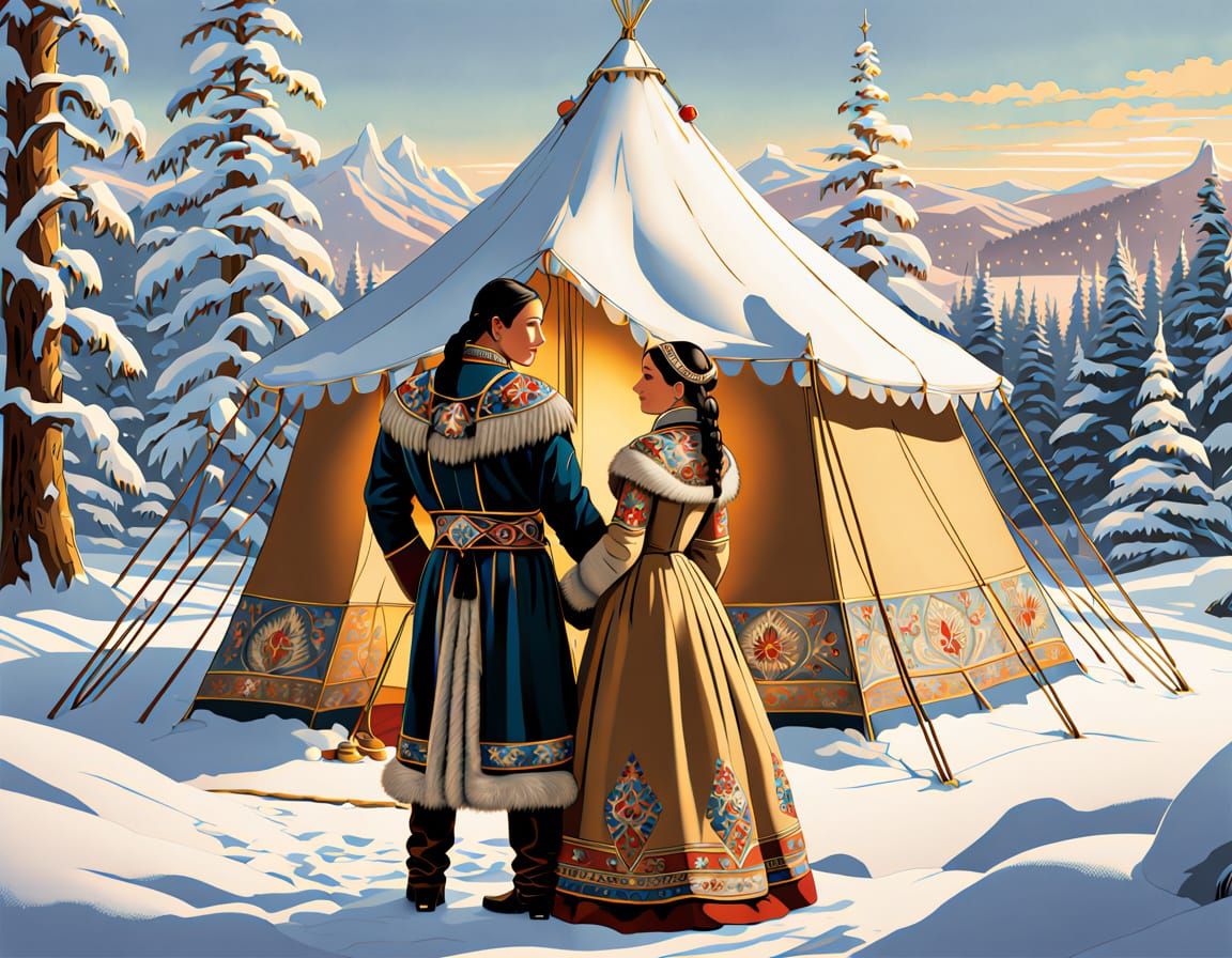 Winter Wonderland Scene with Native American Couple