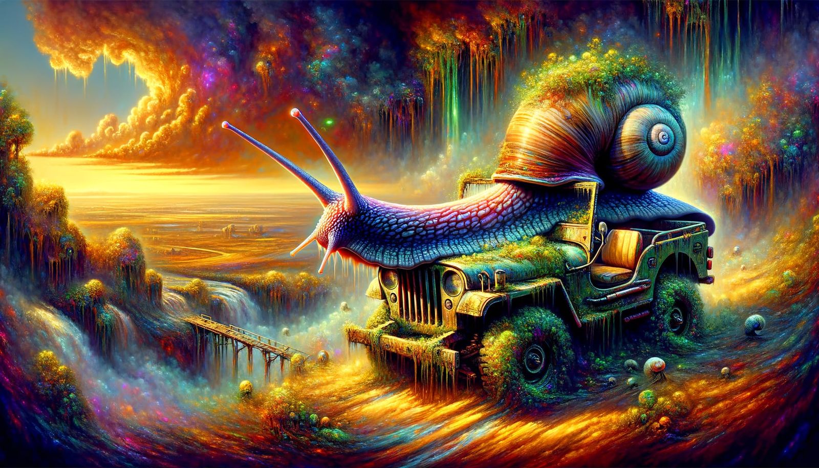 Biopunk Snail Drives Overgrown Jeep in Unreal Landscape