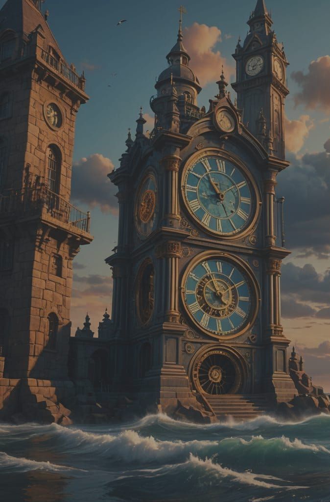 Old Clock on Towers by the Sea at Sunset