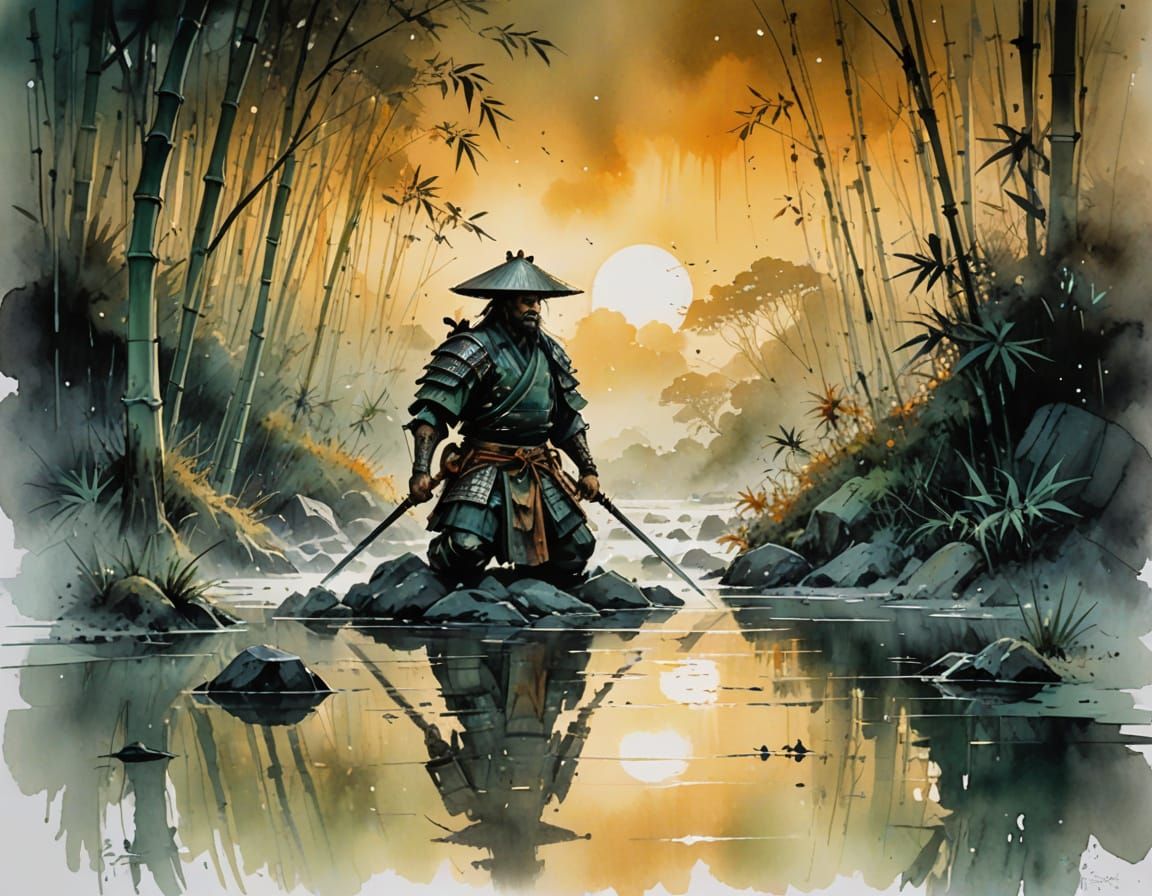 Samurai Warrior in Misty Bamboo Grove: Digital Matte Paintin...