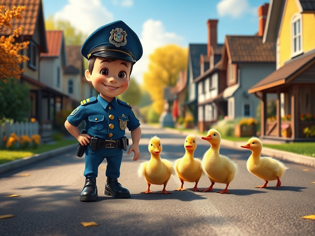 Police Officer Guides Duck Family: Matte Painting