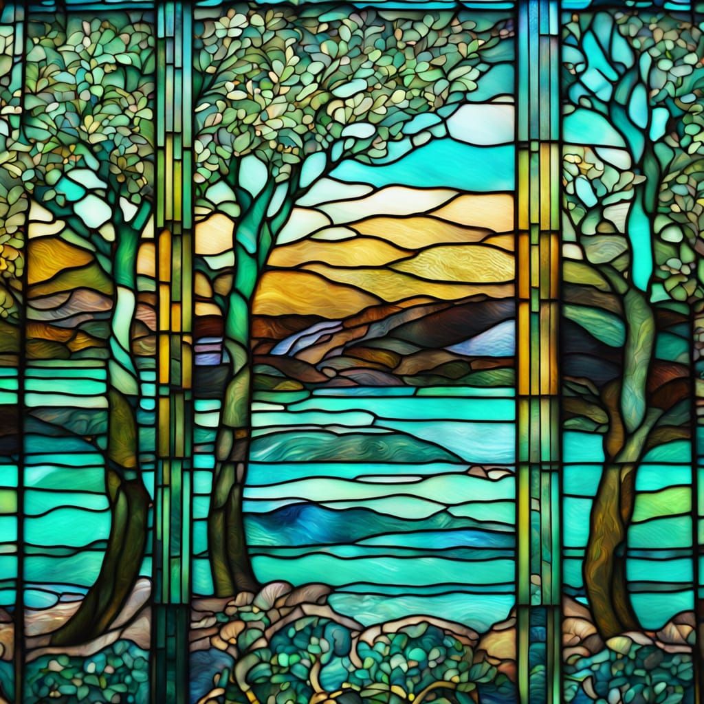 Art Nouveau Turquoise Stained Glass Landscape