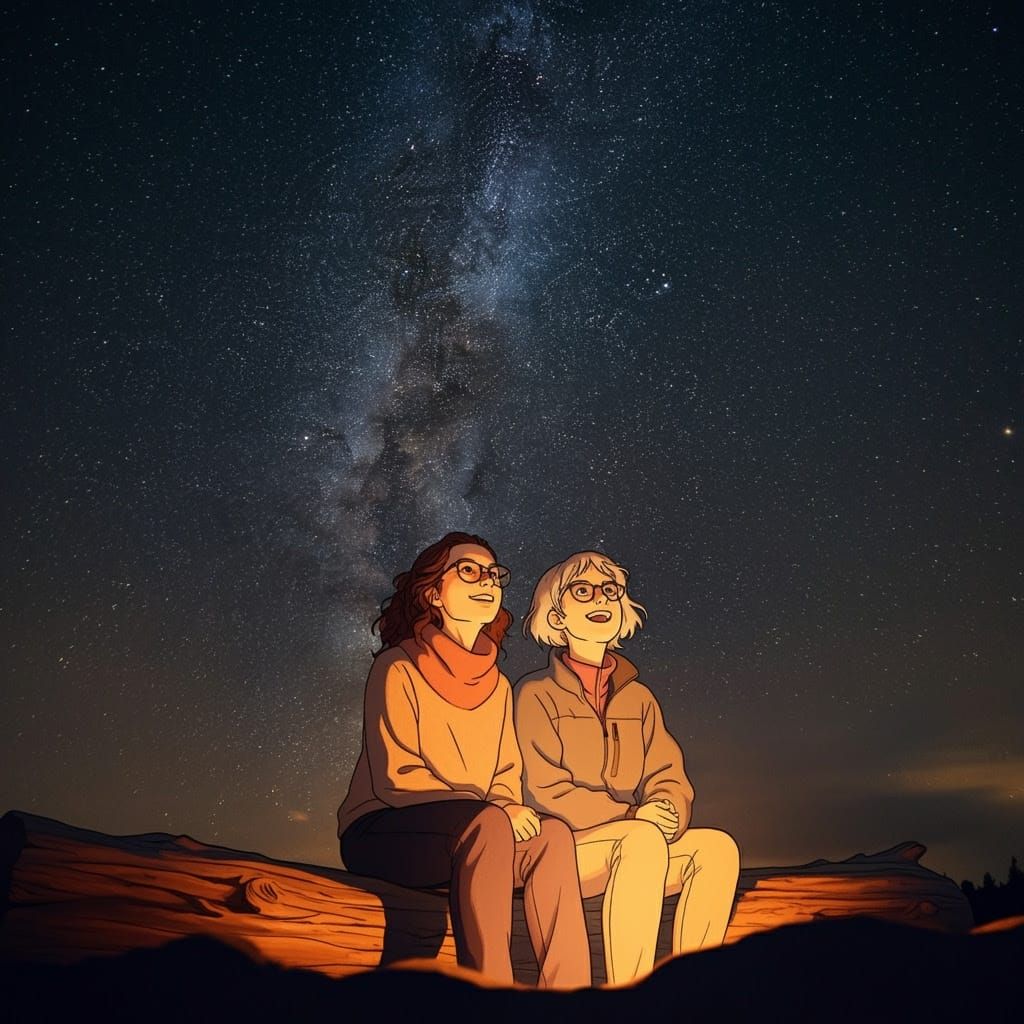 Celestial Nighttime Scene with Starry Sky and Campfire