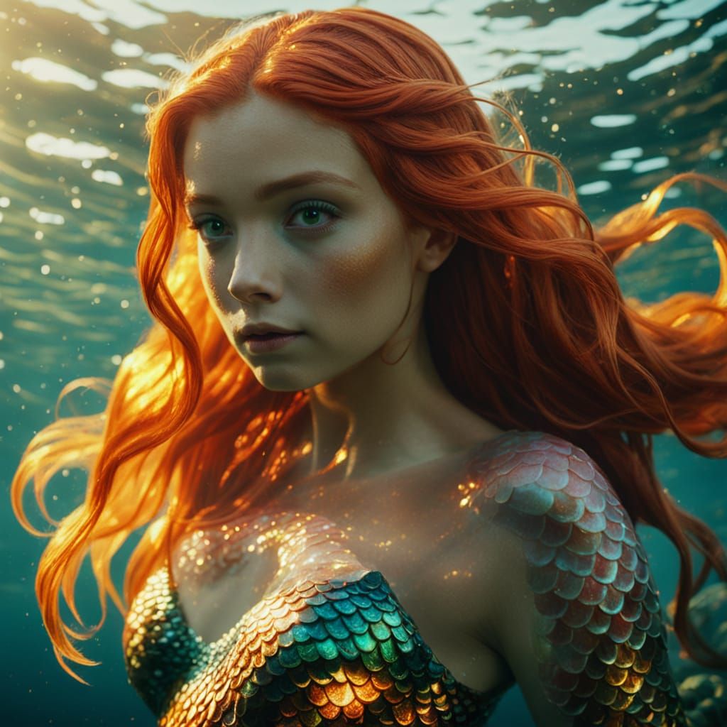 Cinematic Mermaid with Orange Hair and Scales