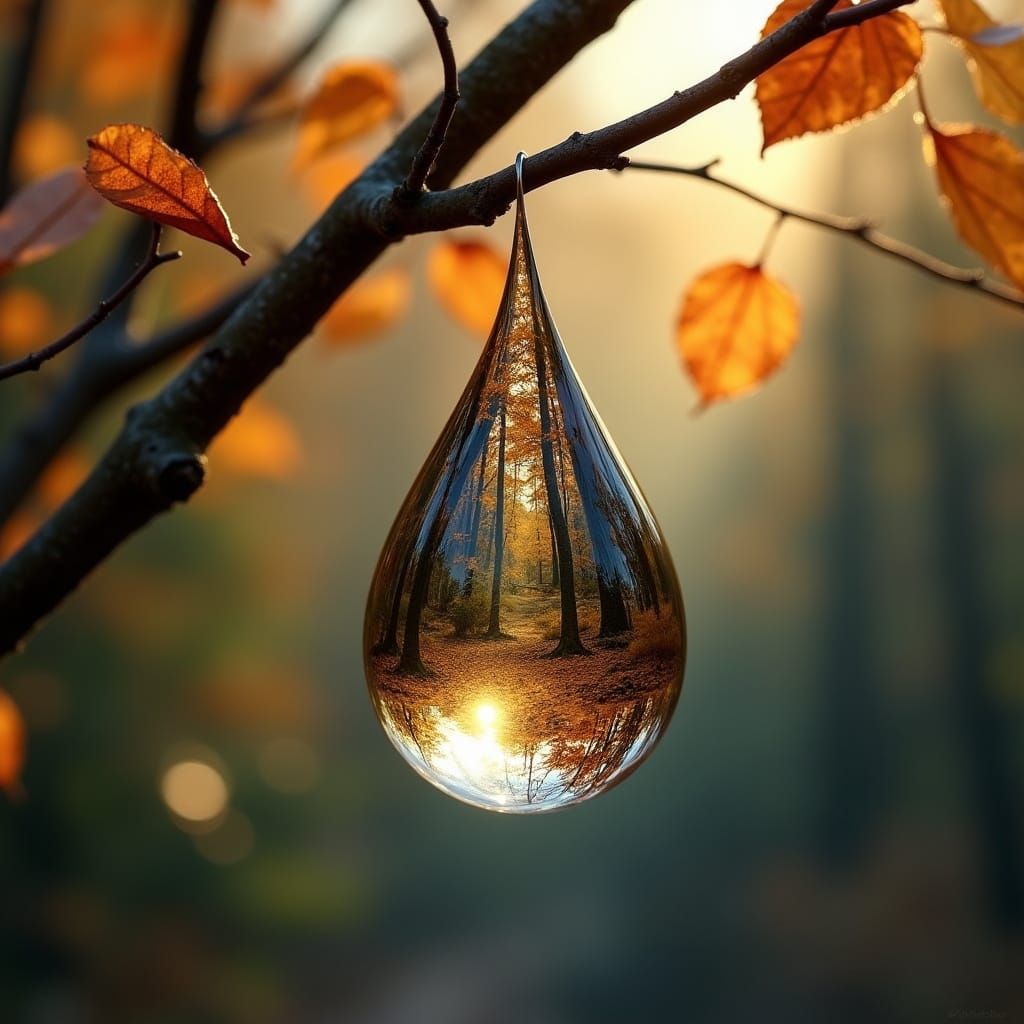 Glass Raindrop Reflects Autumn Forest on Branch