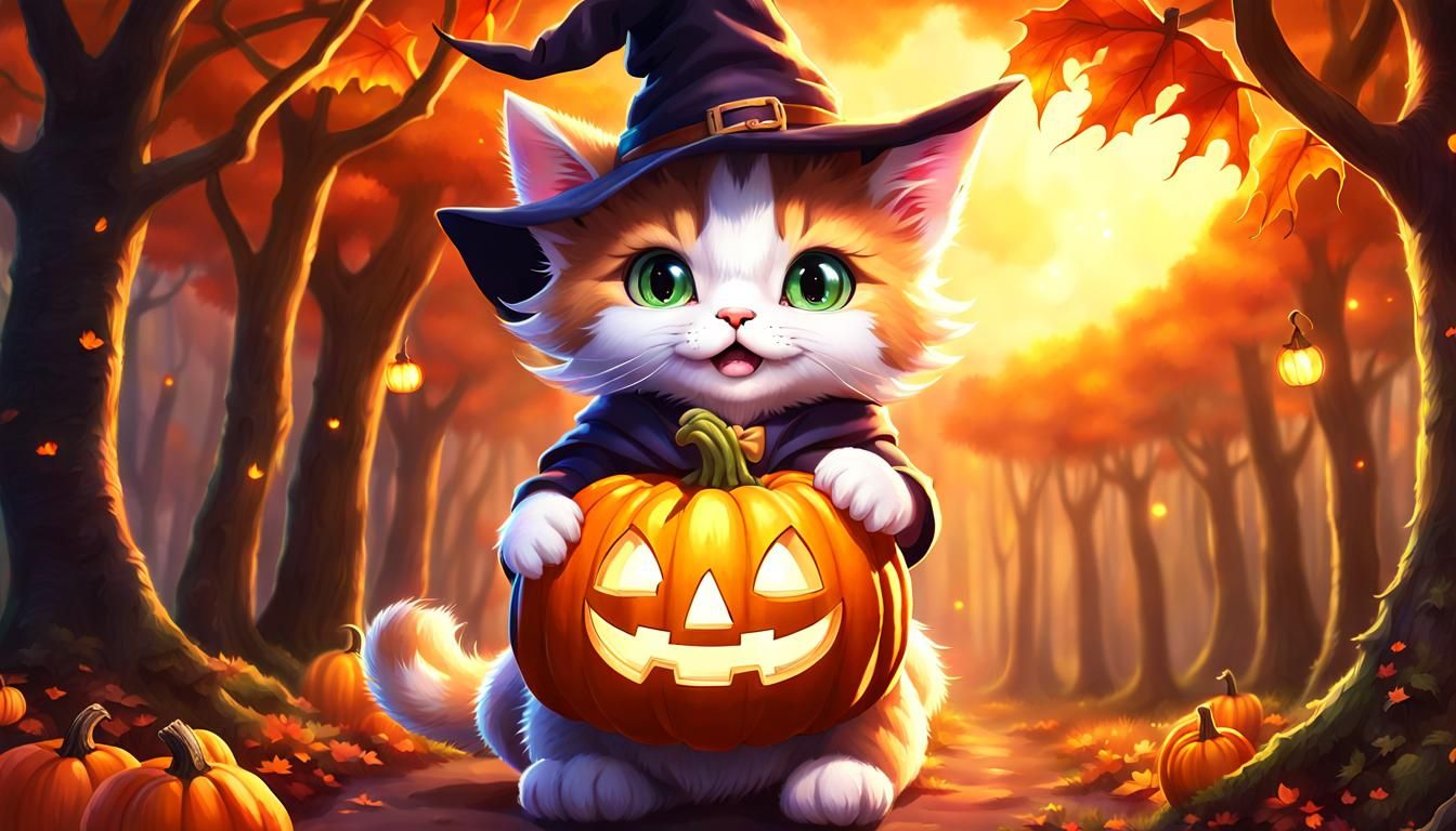 Calico Kitten Witch in Fantasy Forest