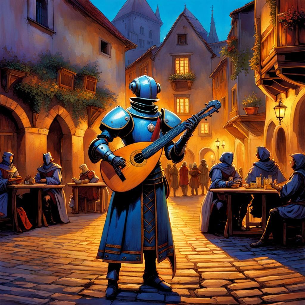 Android Minstrel Plays Lute in Medieval Square