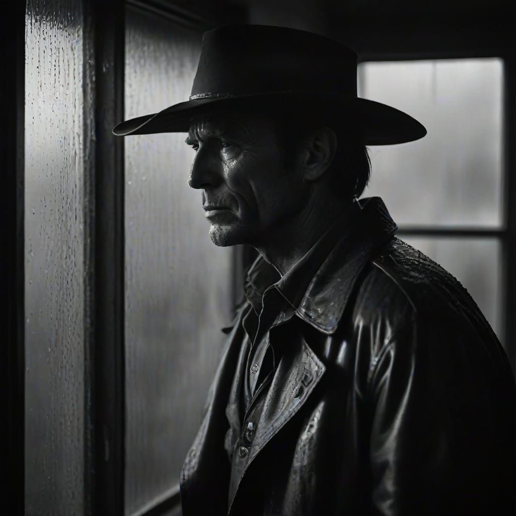 A Cowboy's Rainy Reflection in a Gritty Western Landscape