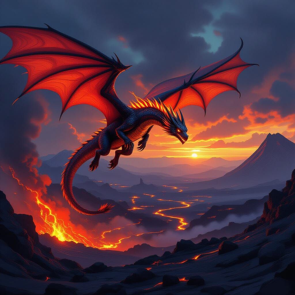 Fire Dragon Soaring Over Volcano in Matte Painting Style