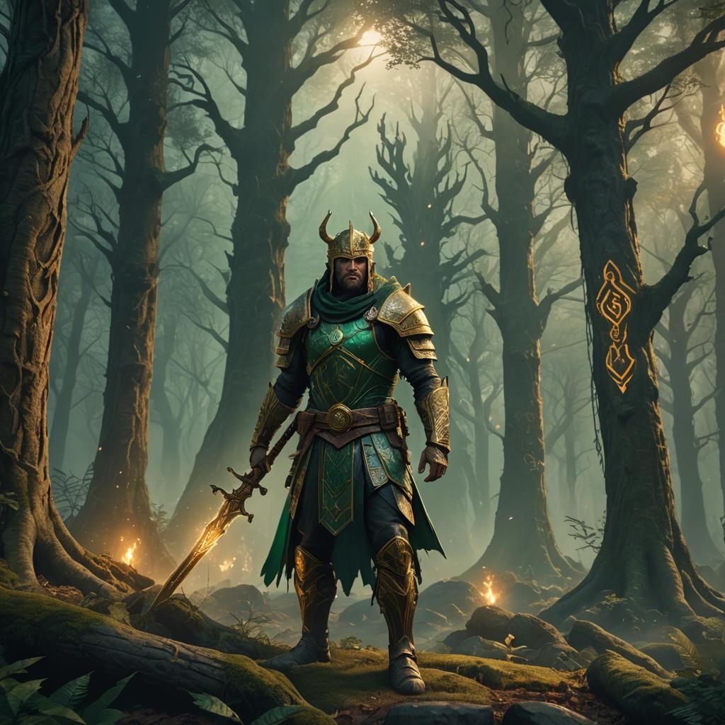 Heroic Warrior in Mystical Forest Concept Art