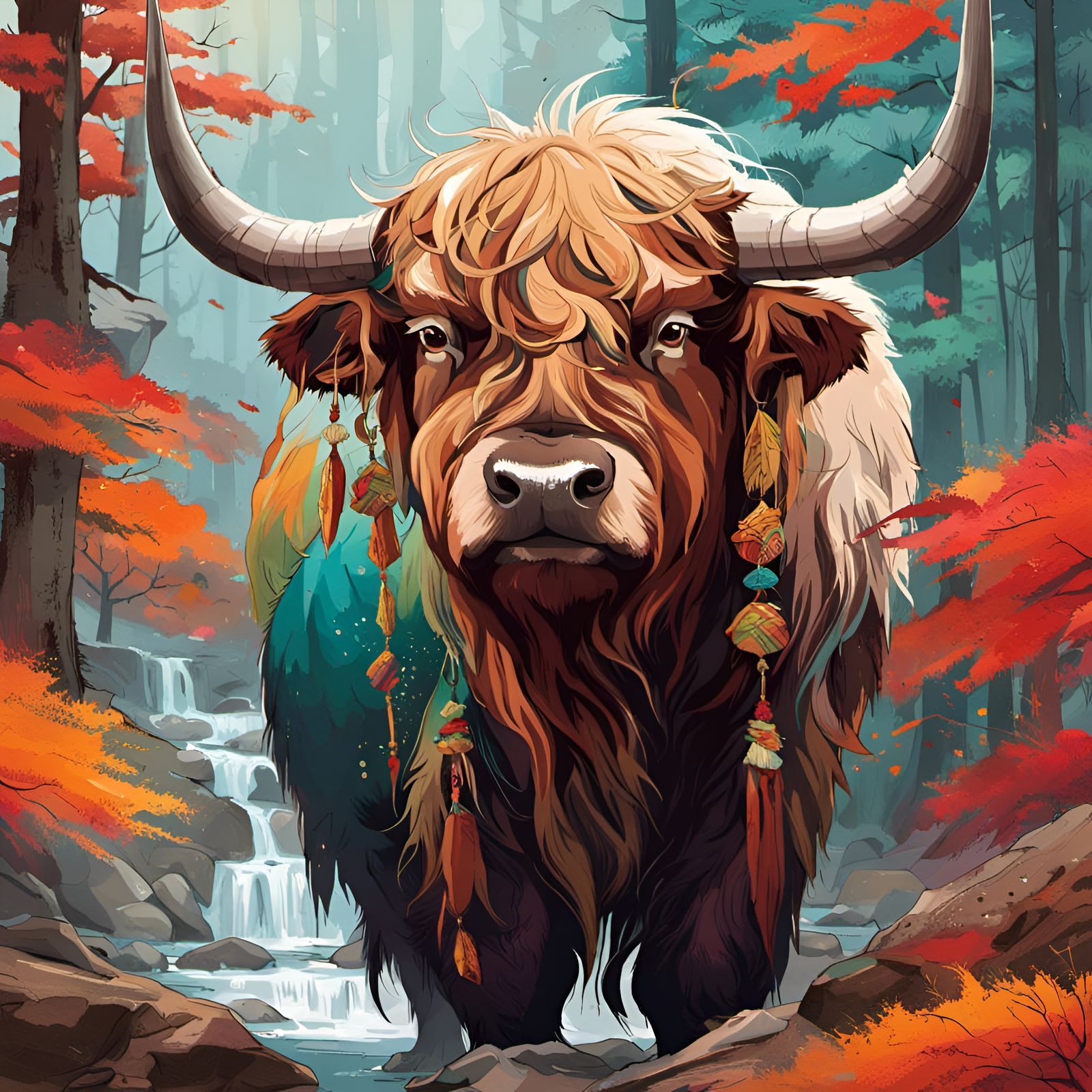 Fluffy Buddhist Yak in Forest, Digital Art