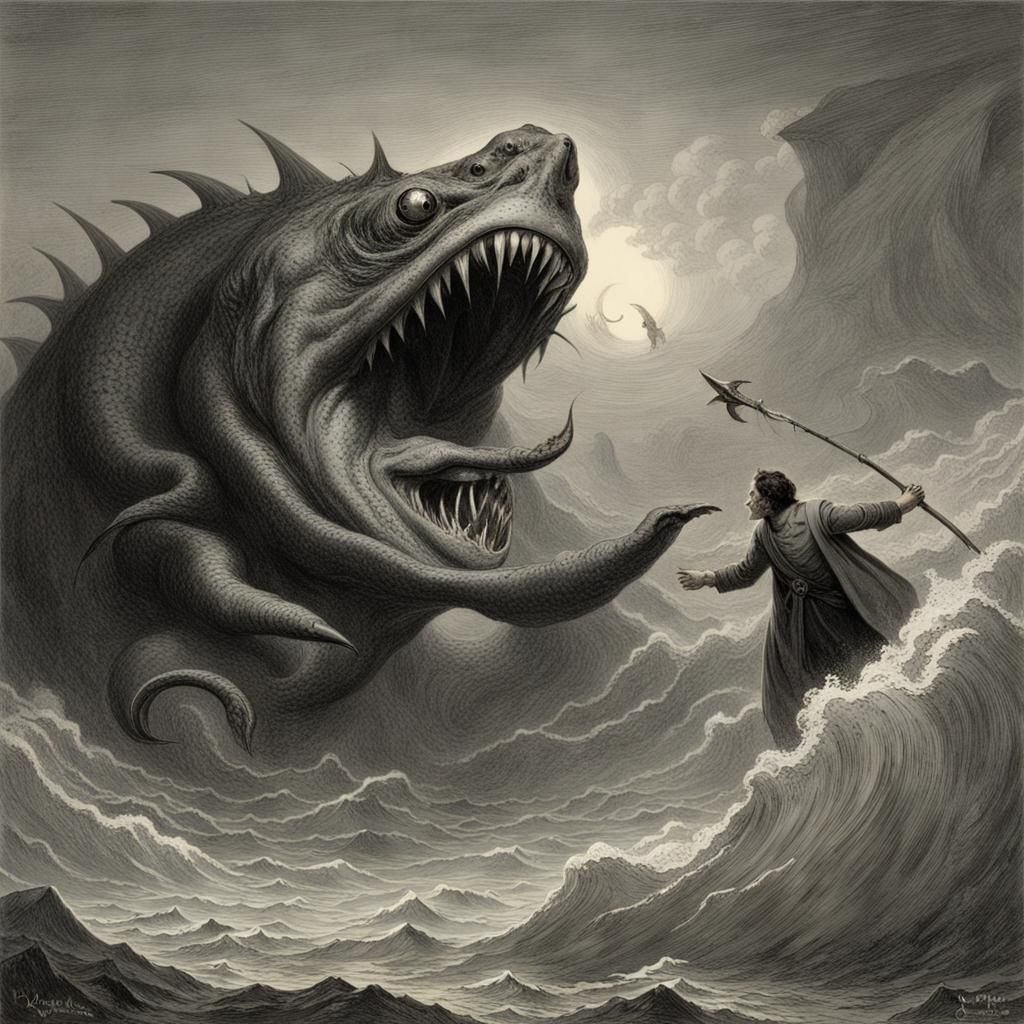 Scary Mermaid and Sea Monster in Horror Style