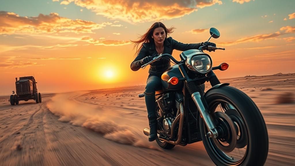 Dystopian Warrior's Motorcycle Chase at Sunset