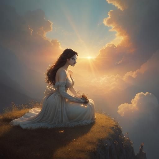 Woman Kneeling at Cross in Whimsical Fantasy Art