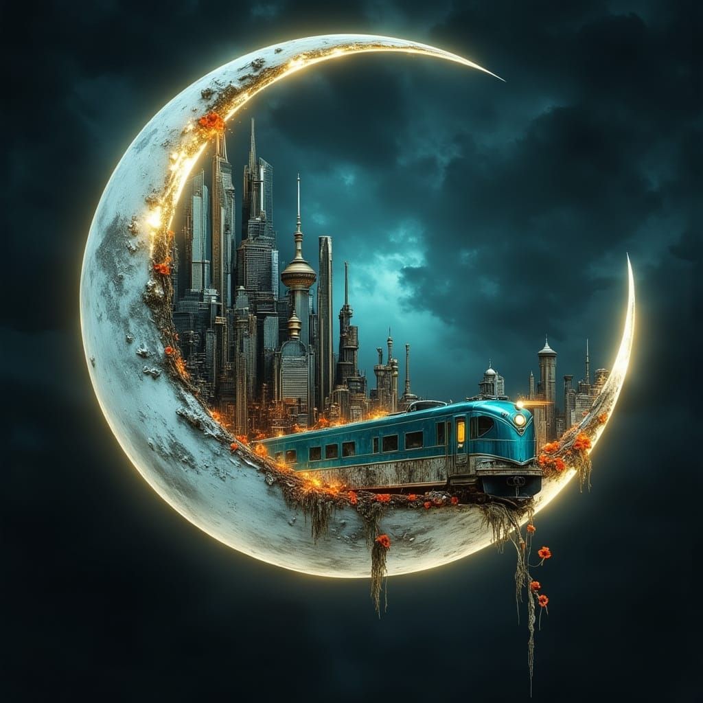 Ethereal Cityscape at Dusk with Glimmering Train