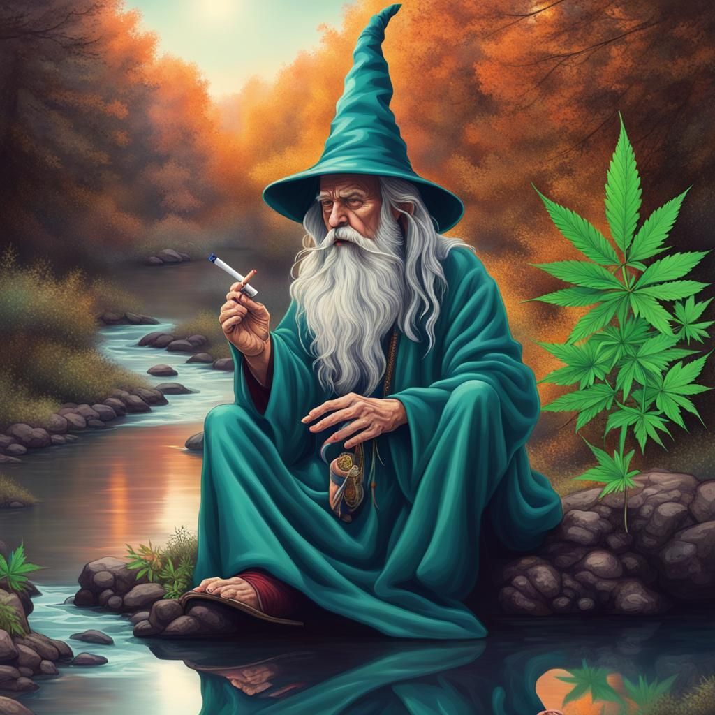 Mystical Wizard Smoking Overlooking Stream, Realistic Artwor...