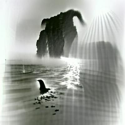 Monochrome Shadow Creature Enters Foggy Sea