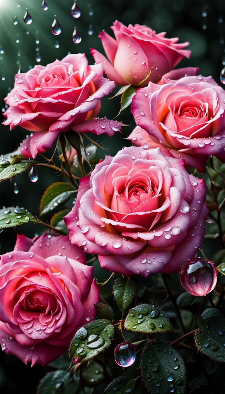 Pink Roses with Dew Drops as Digital Painting