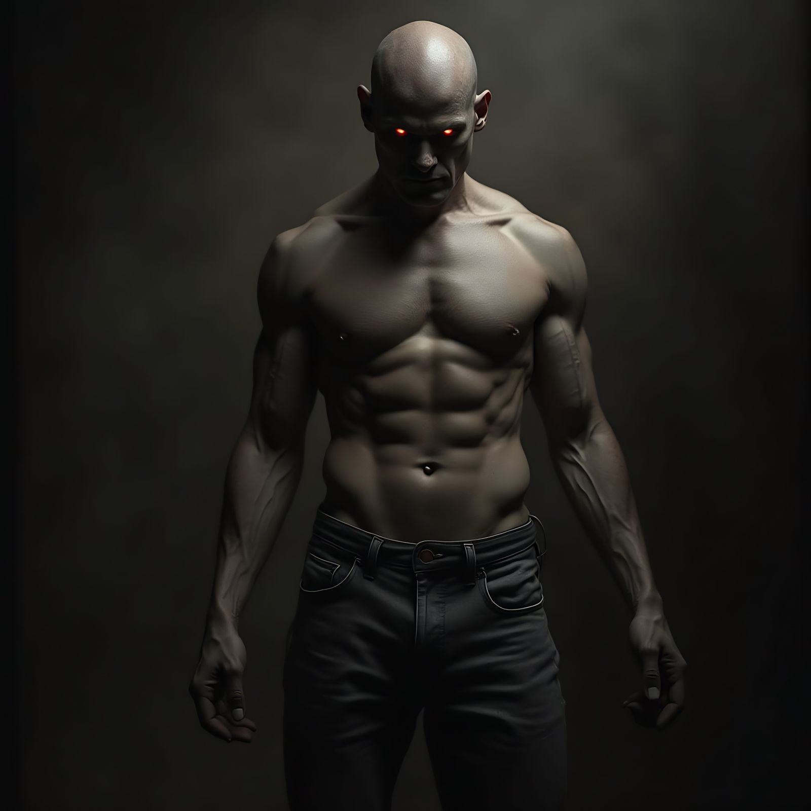 Muscular Demon in Shadows with Glowing Eyes