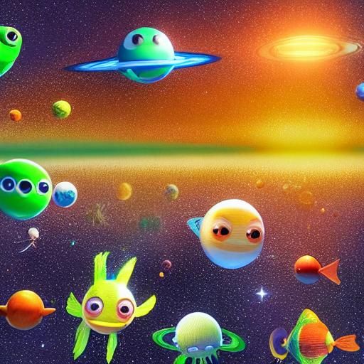 Alien Fish Swim Among Planets in Space: 3D Digital Art