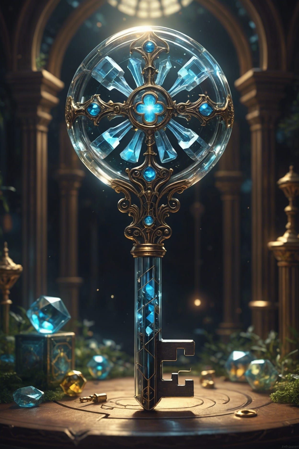 Transparent Key with Tesseract End: Digital Art