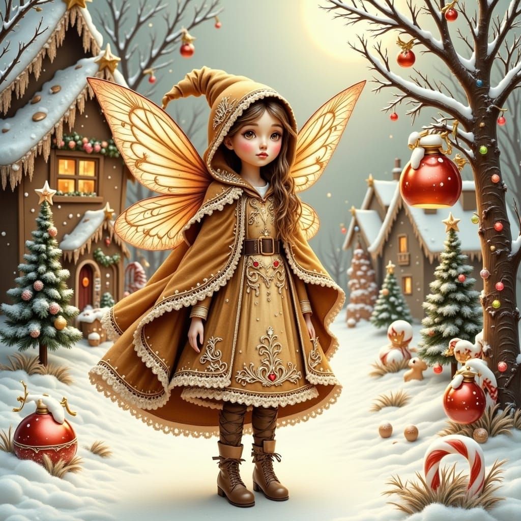 Whimsical Christmas Fairy Surrounded by Gingerbread and Snow