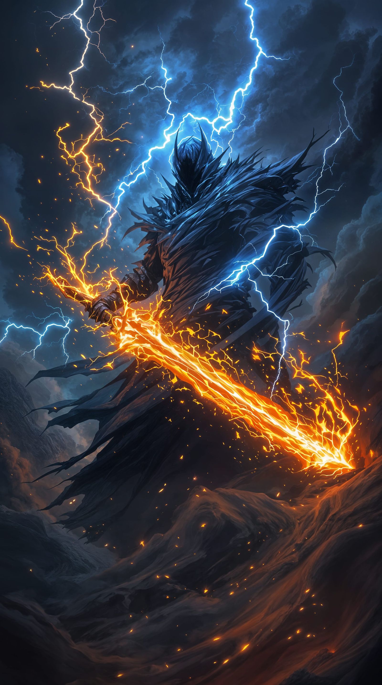 Dark Avatar Wields Flaming Obsidian Sword in Stormy Chaos