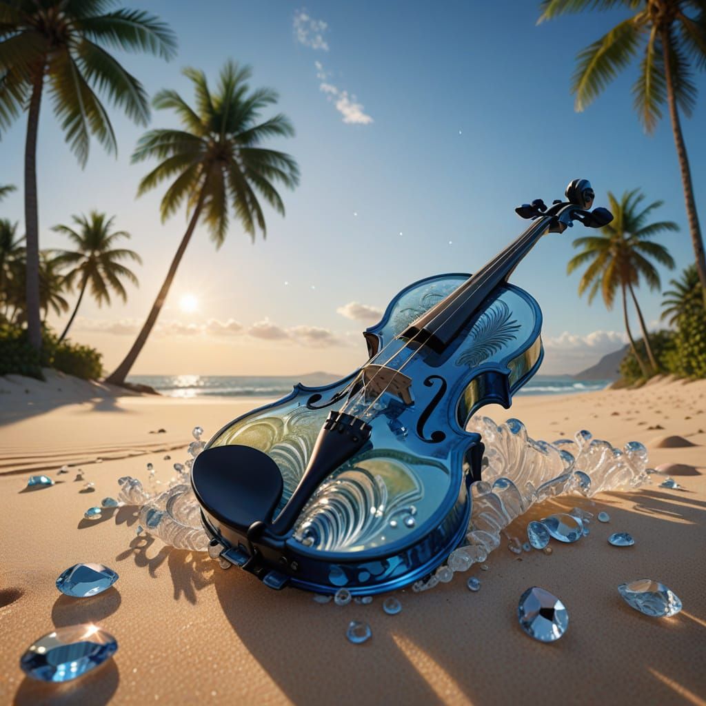 Hyperrealistic Water Crystal Violin in Golden Light