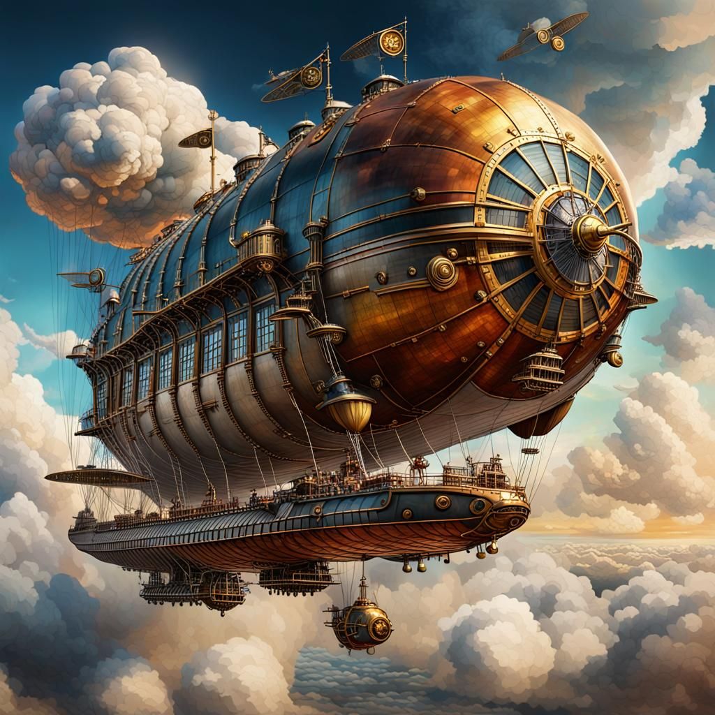 Steampunk Airship Soaring Through Cloudy Skies