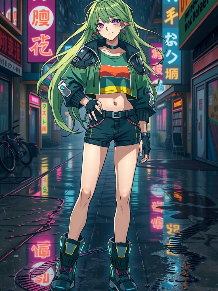 Cyberpunk Woman in Neon Alley, Anime Style