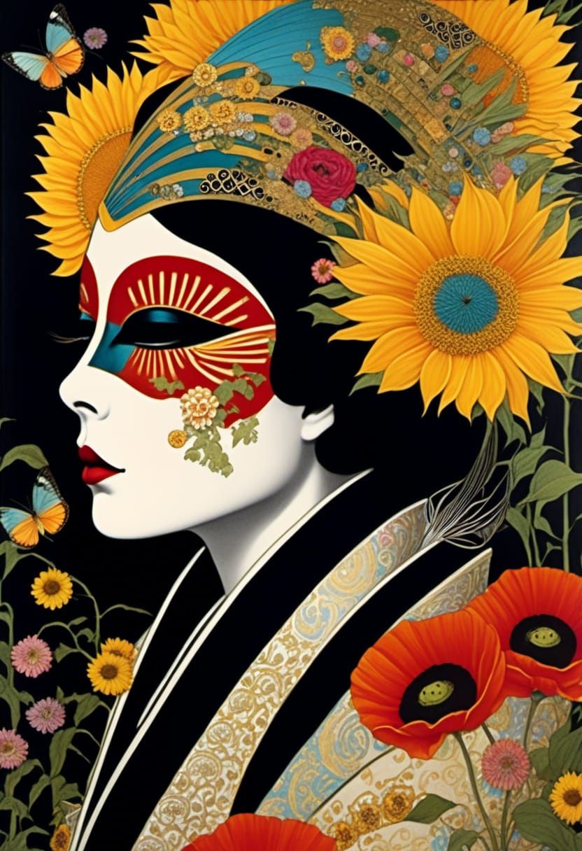 Geisha in Carnival Mask with Japanese and Bohemian Icons