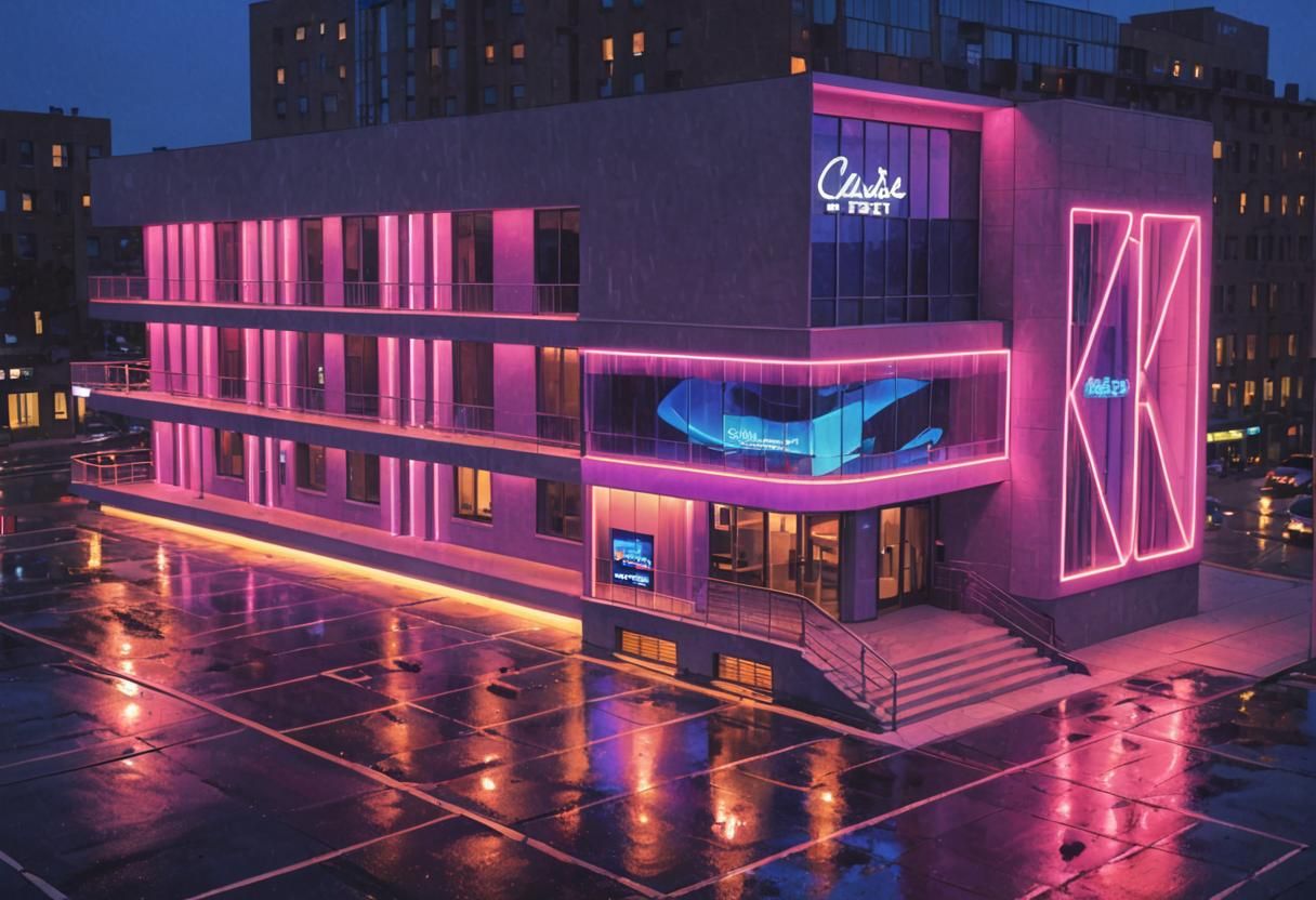 Modern Hotel Facade with Neon Lights in Cyberpunk Style