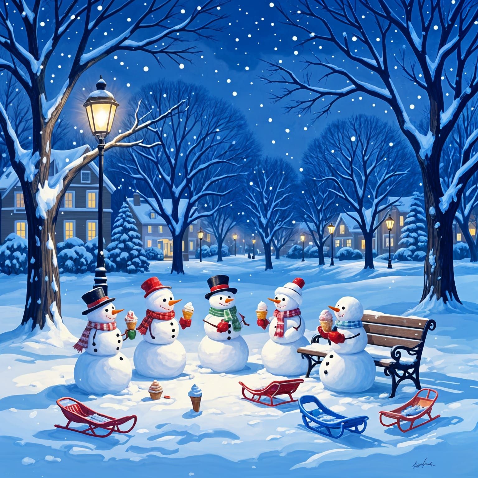 Snowmen Enjoying Ice Cream in Winter Park