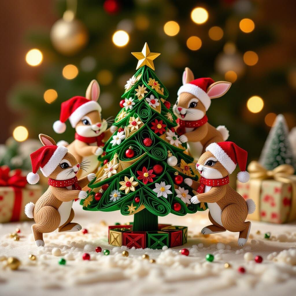 Whimsical Rabbits Hopping Around Christmas Tree