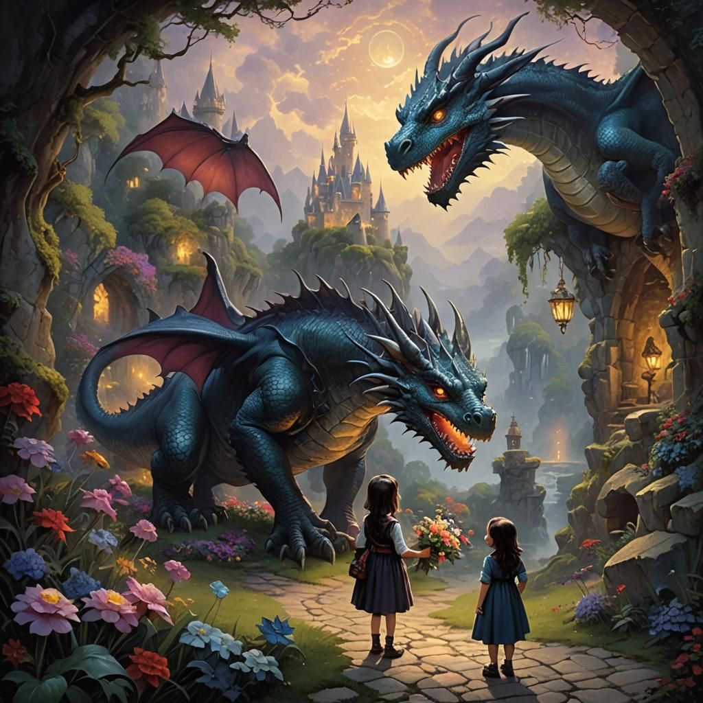 Gothic Girl Offers Flowers to Dragon in Forest