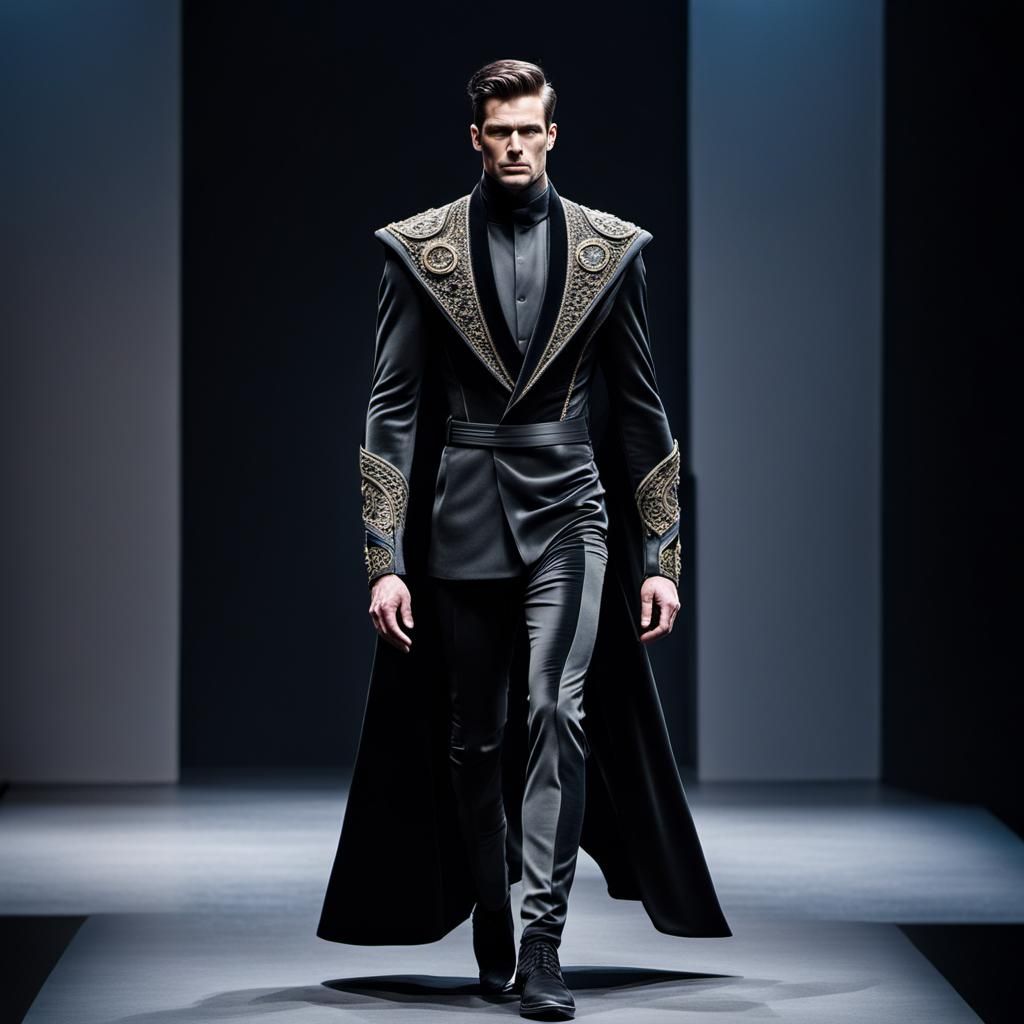 Futuristic Male Costume on Catwalk, Cyberpunk Aesthetic